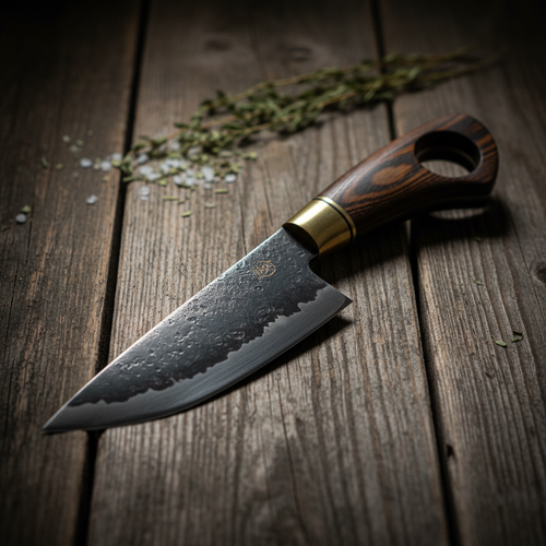 Huusk Japan hand-forged chef knife on rustic wooden surface