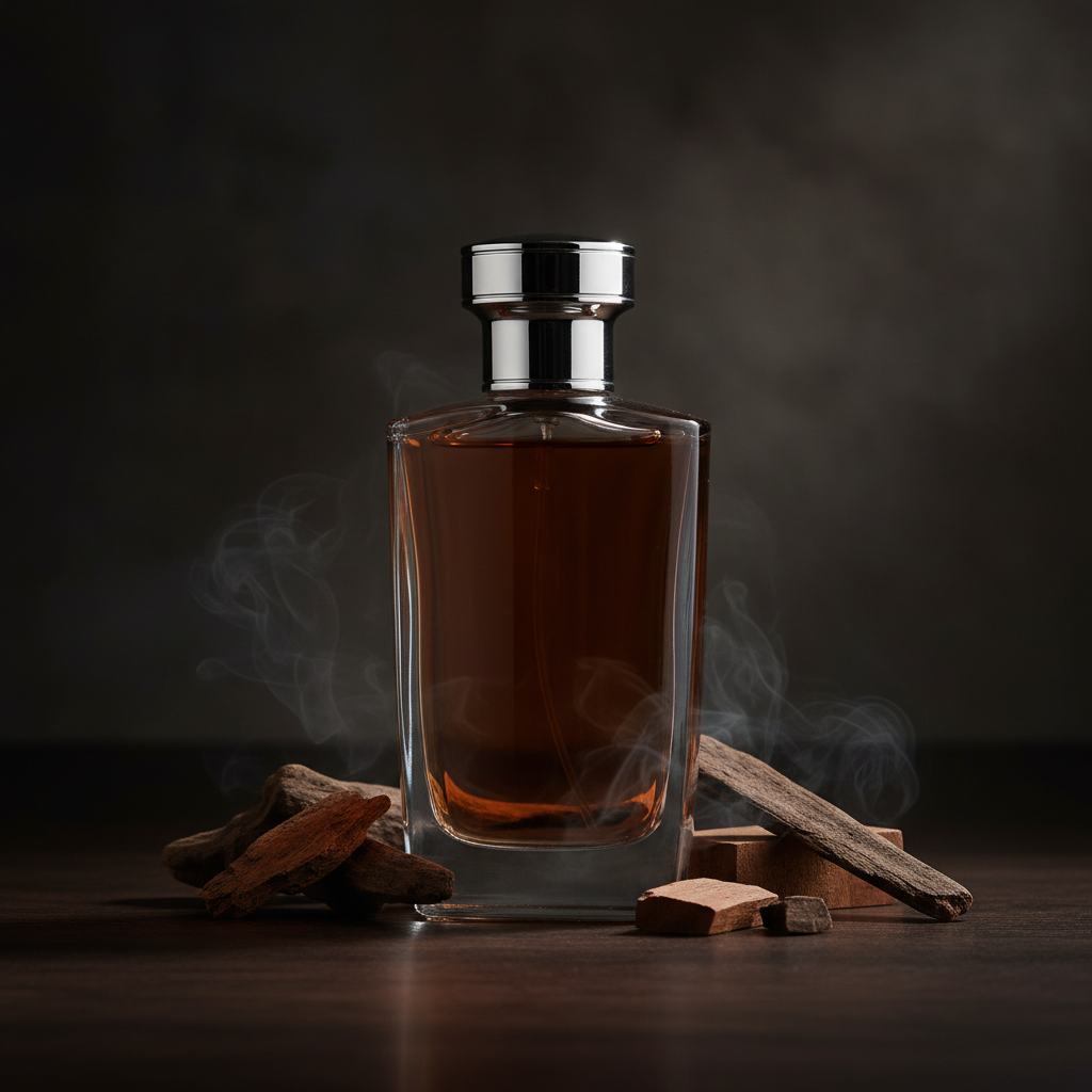 Premium men's cologne bottle with dramatic moody lighting