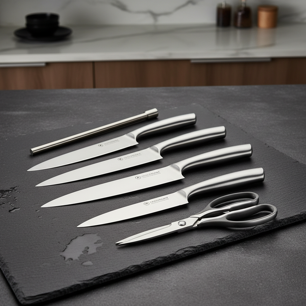 5-piece premium stainless steel culinary knife set on slate surface