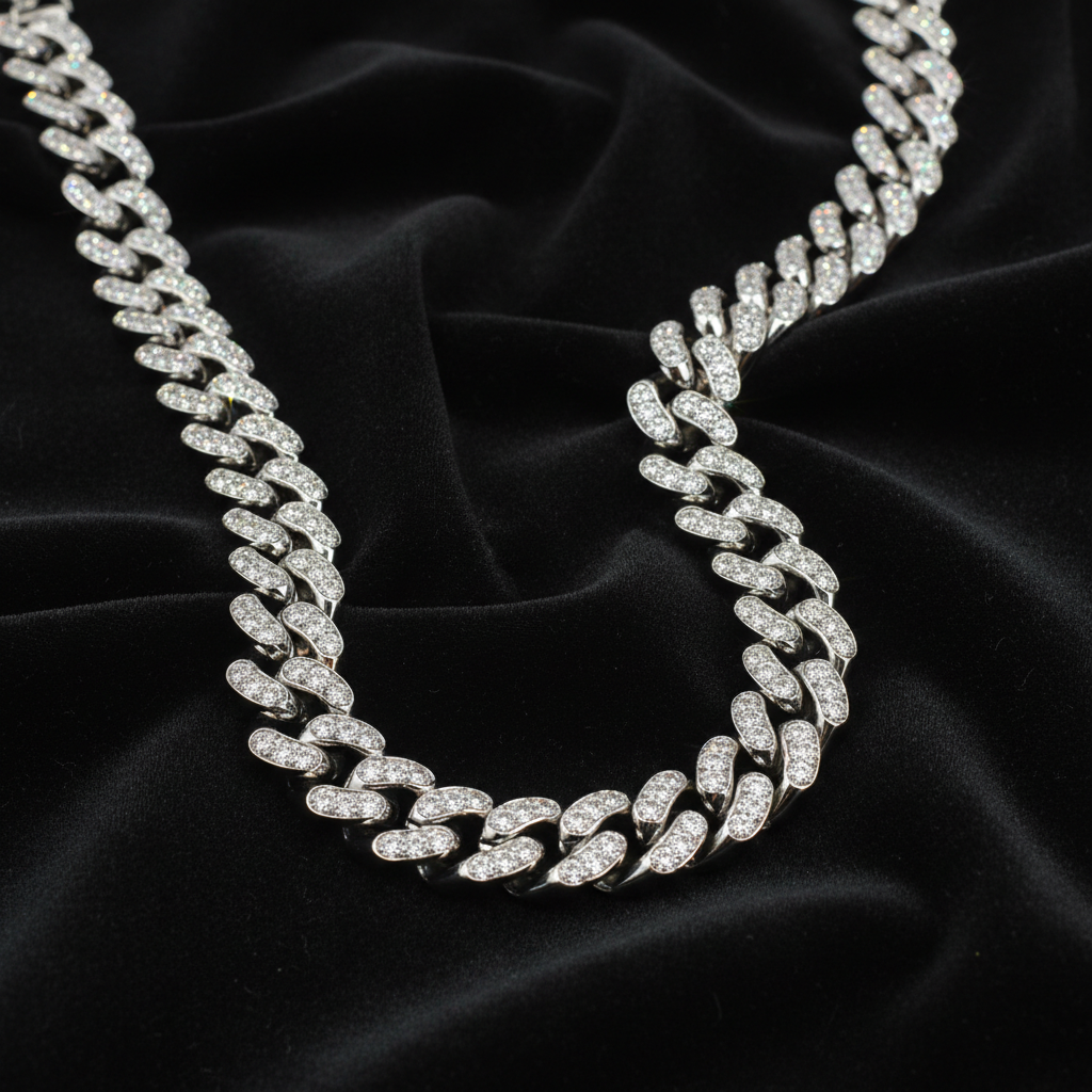 Stainless steel moissanite Cuban link chain on dark velvet